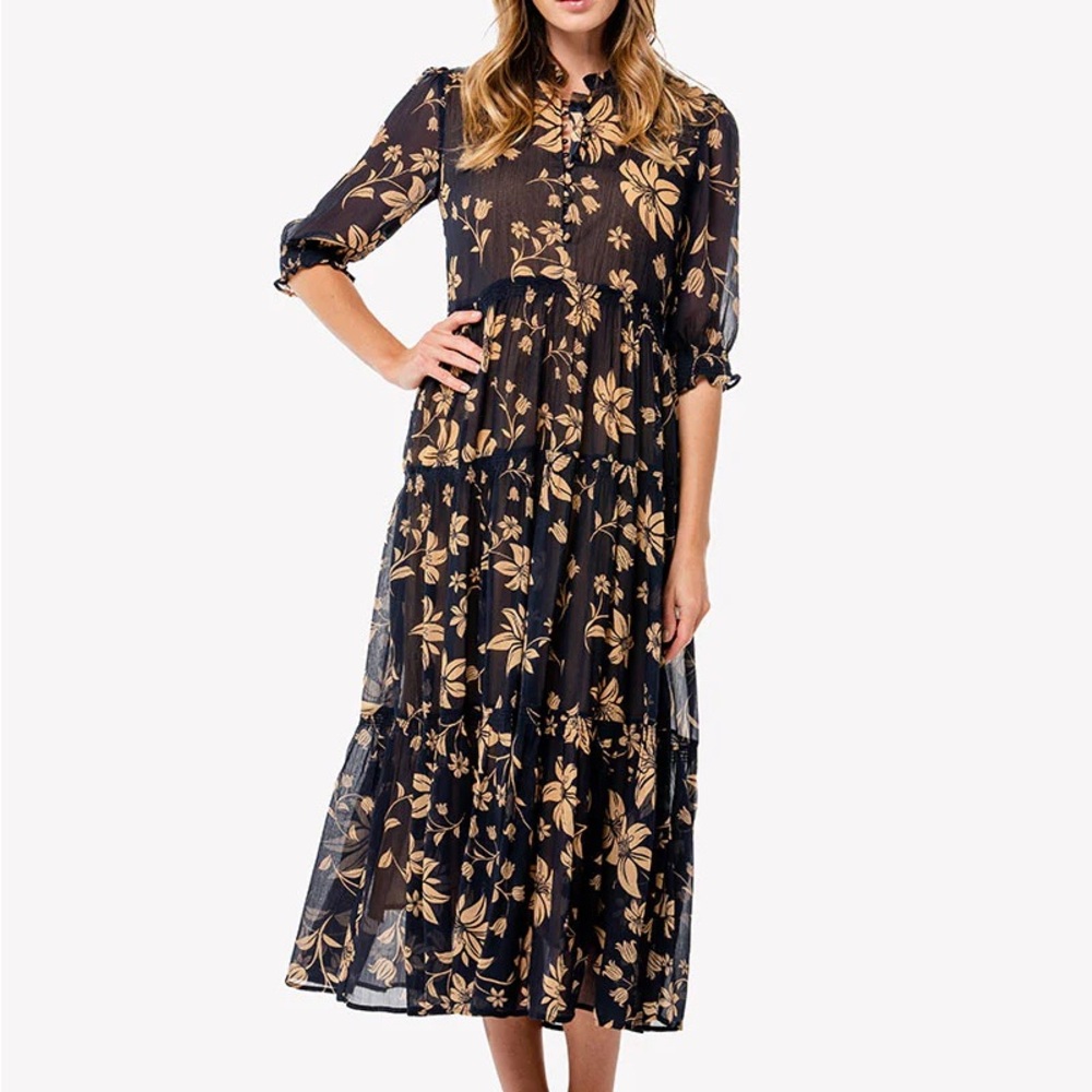 LOULOU DAMOUR MARAIS floral black Dress (Marine) Small
